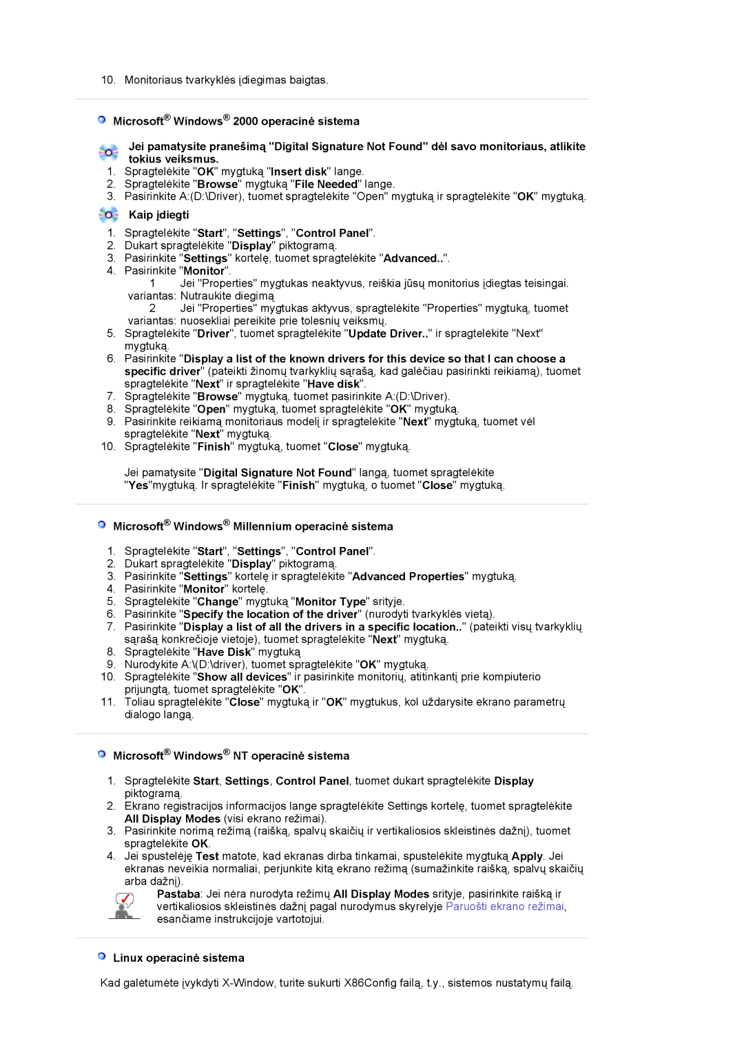 Samsung LS19MBPXFV/EDC Kaip įdiegti Spragtelėkite Start, Settings, Control Panel, Microsoft Windows NT operacinė sistema 