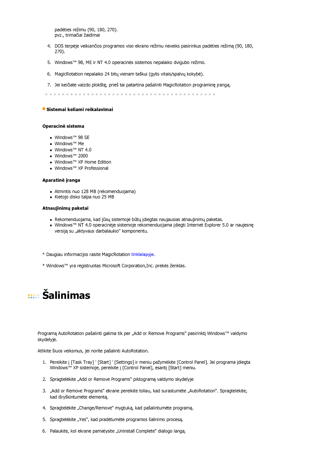 Samsung LS19MBXXHV/EDC, LS19MBPXFV/EDC, LS19MBXXFV/EDC Sistemai keliami reikalavimai Operacinė sistema, Atnaujinimų paketai 