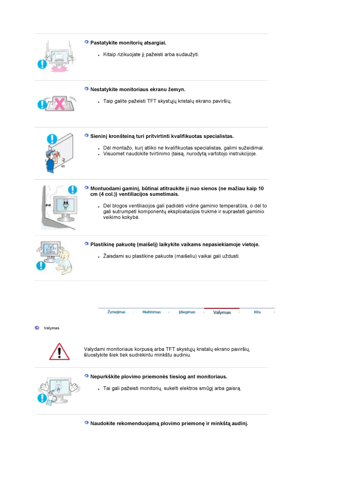 Samsung LS19MBXXFV/EDC, LS19MBPXFV/EDC manual Pastatykite monitorių atsargiai, Nestatykite monitoriaus ekranu žemyn 