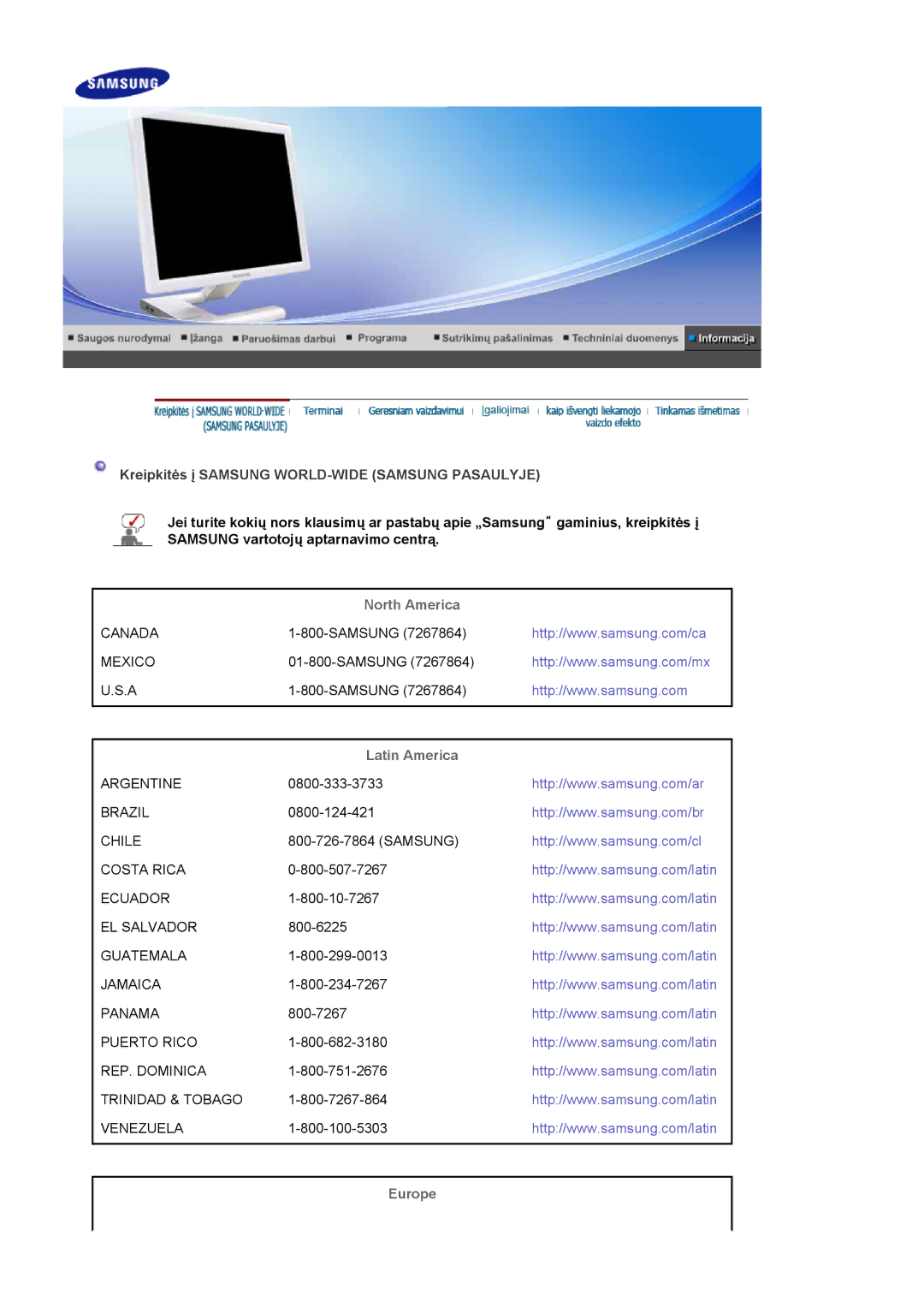 Samsung LS19MBPXHV/EDC, LS19MBPXFV/EDC, LS19MBXXFV/EDC, LS19MBXXHV/EDC manual North America, Latin America, Europe 