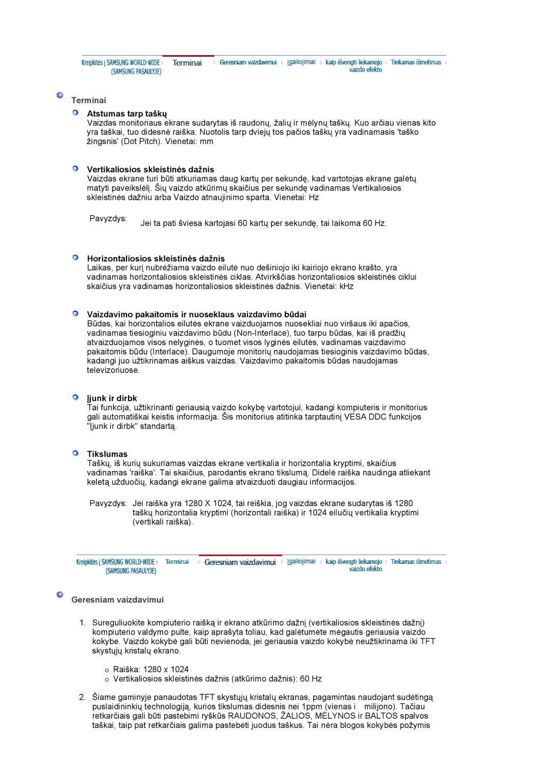 Samsung LS19MBPXFV/EDC manual Atstumas tarp taškų, Vertikaliosios skleistinės dažnis, Horizontaliosios skleistinės dažnis 