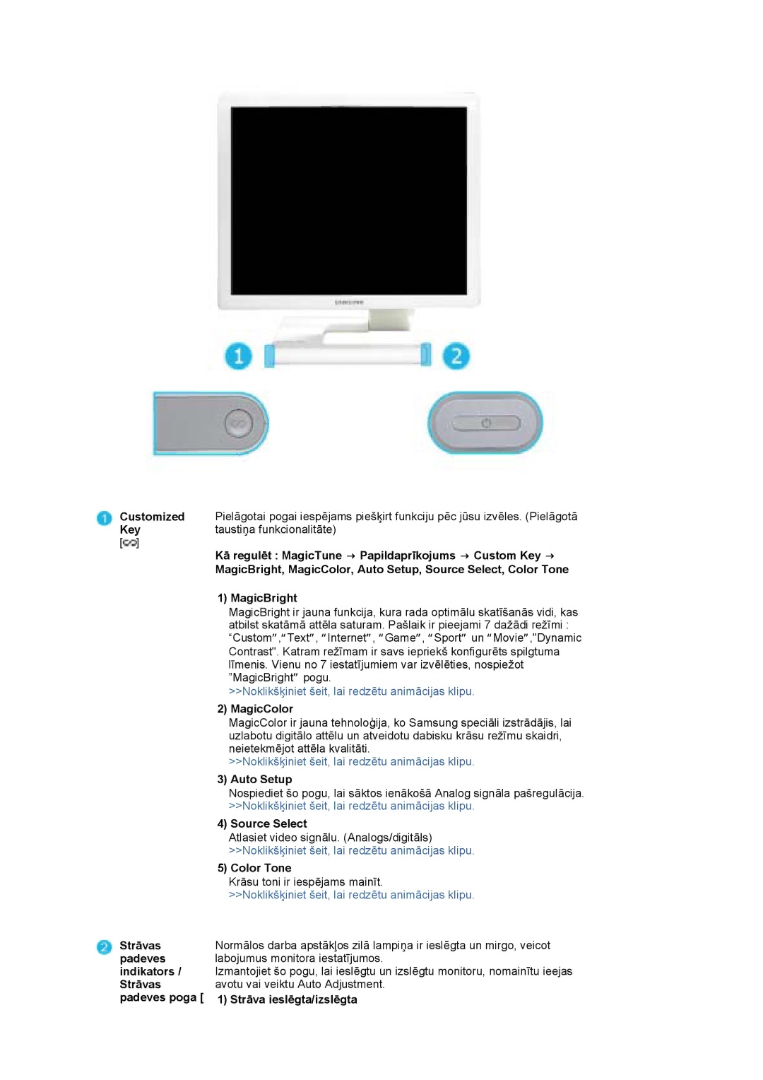 Samsung LS19MBPXFV/EDC, LS19MBXXFV/EDC manual MagicColor, Auto Setup, Source Select, Color Tone, Strāva ieslēgta/izslēgta 