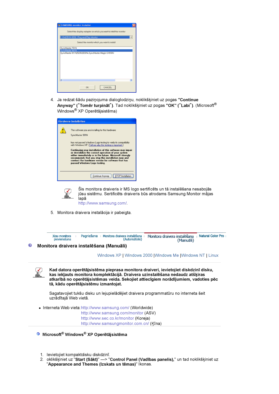 Samsung LS19MBXXFV/EDC, LS19MBPXFV/EDC manual Monitora draivera instalēšana Manuāli, Microsoft Windows XP Operētājsistēma 