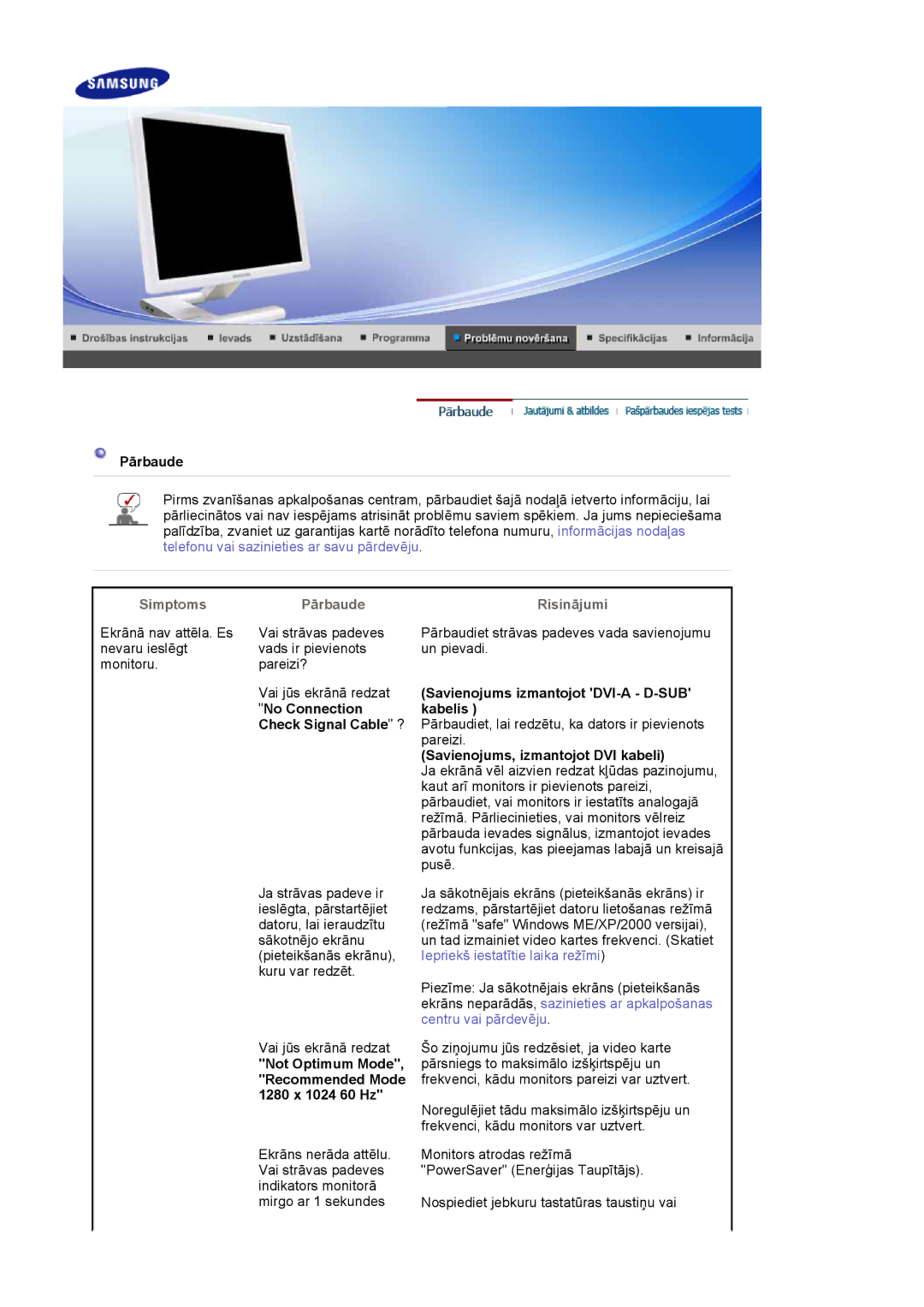 Samsung LS19MBXXFV/EDC, LS19MBPXFV/EDC, LS19MBPXHV/EDC, LS19MBXXHV/EDC manual Simptoms, Pārbaude, Risinājumi 