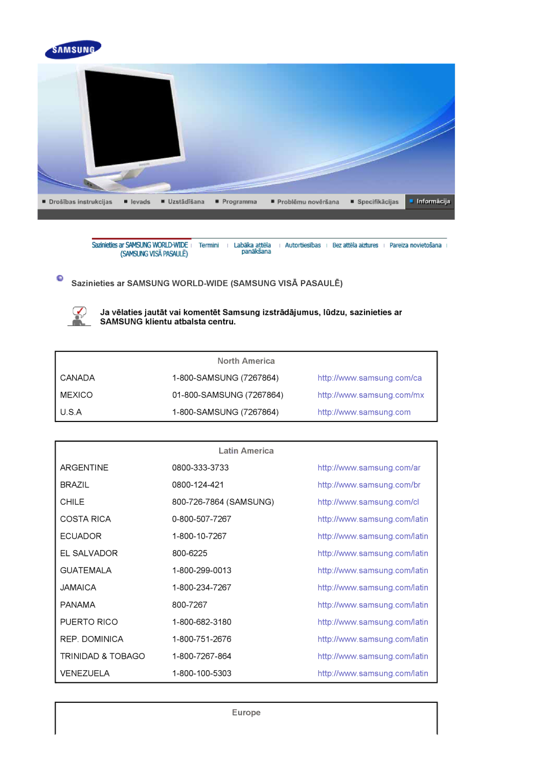 Samsung LS19MBXXFV/EDC, LS19MBPXFV/EDC, LS19MBPXHV/EDC, LS19MBXXHV/EDC manual North America, Latin America, Europe 