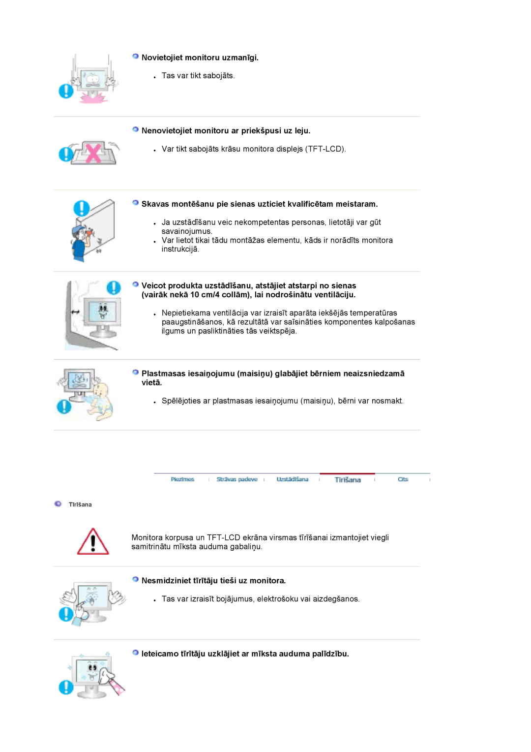 Samsung LS19MBXXFV/EDC, LS19MBPXFV/EDC manual Novietojiet monitoru uzmanīgi, Nenovietojiet monitoru ar priekšpusi uz leju 