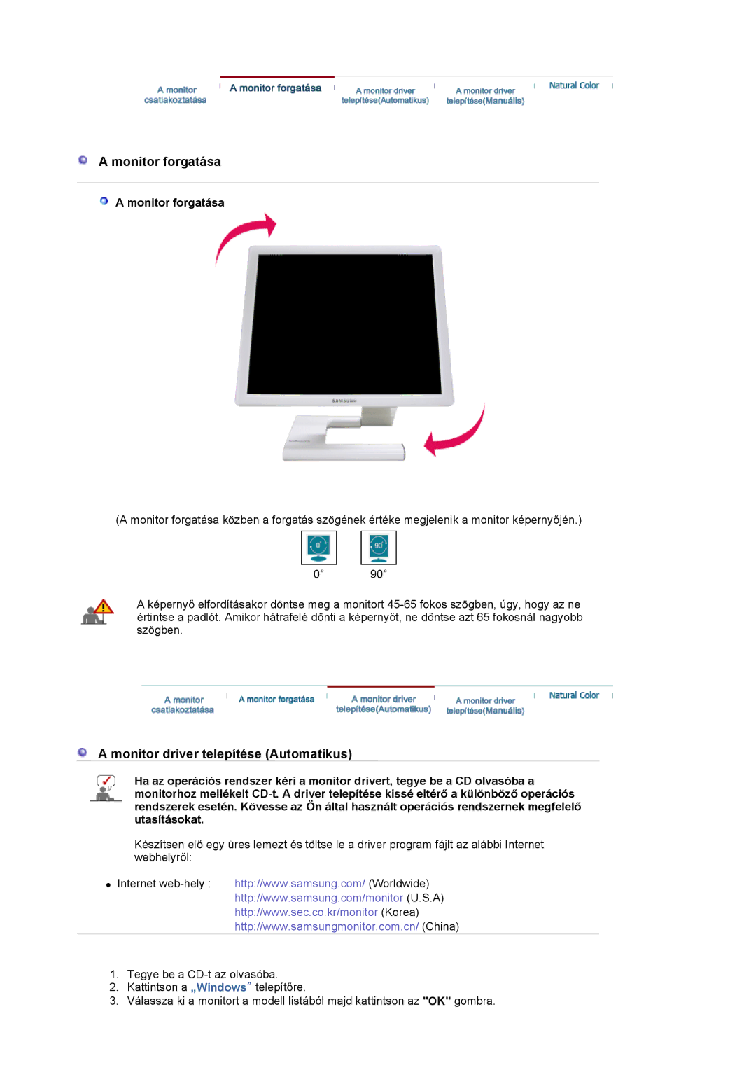 Samsung LS19MBPXFV/EDC, LS19MBXXFV/EDC, LS19MBPXHV/EDC, LS19MBXXHV/EDC manual Monitor forgatása 