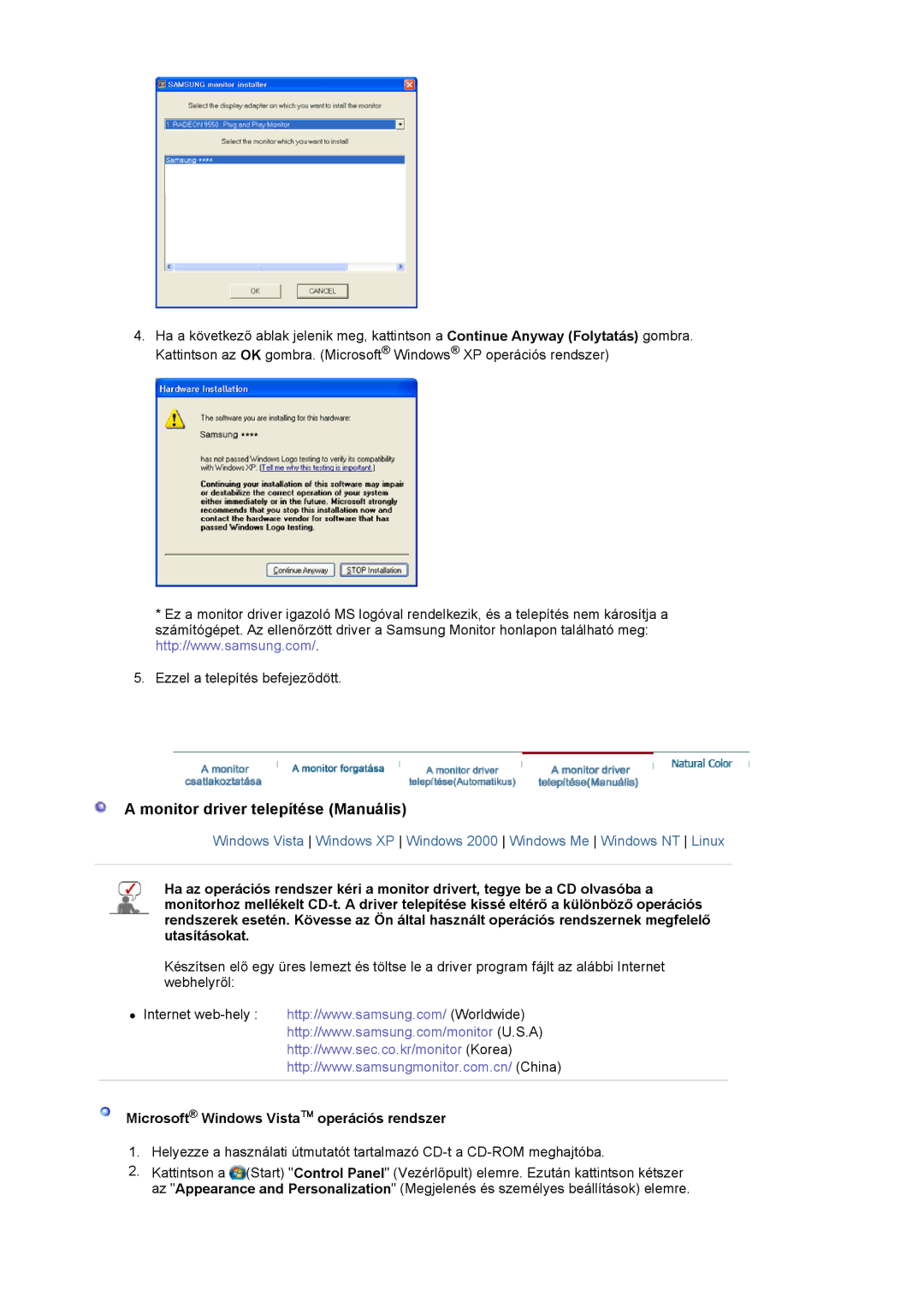 Samsung LS19MBXXFV/EDC, LS19MBPXFV/EDC manual Monitor driver telepítése Manuális, Microsoft Windows Vista operációs rendszer 