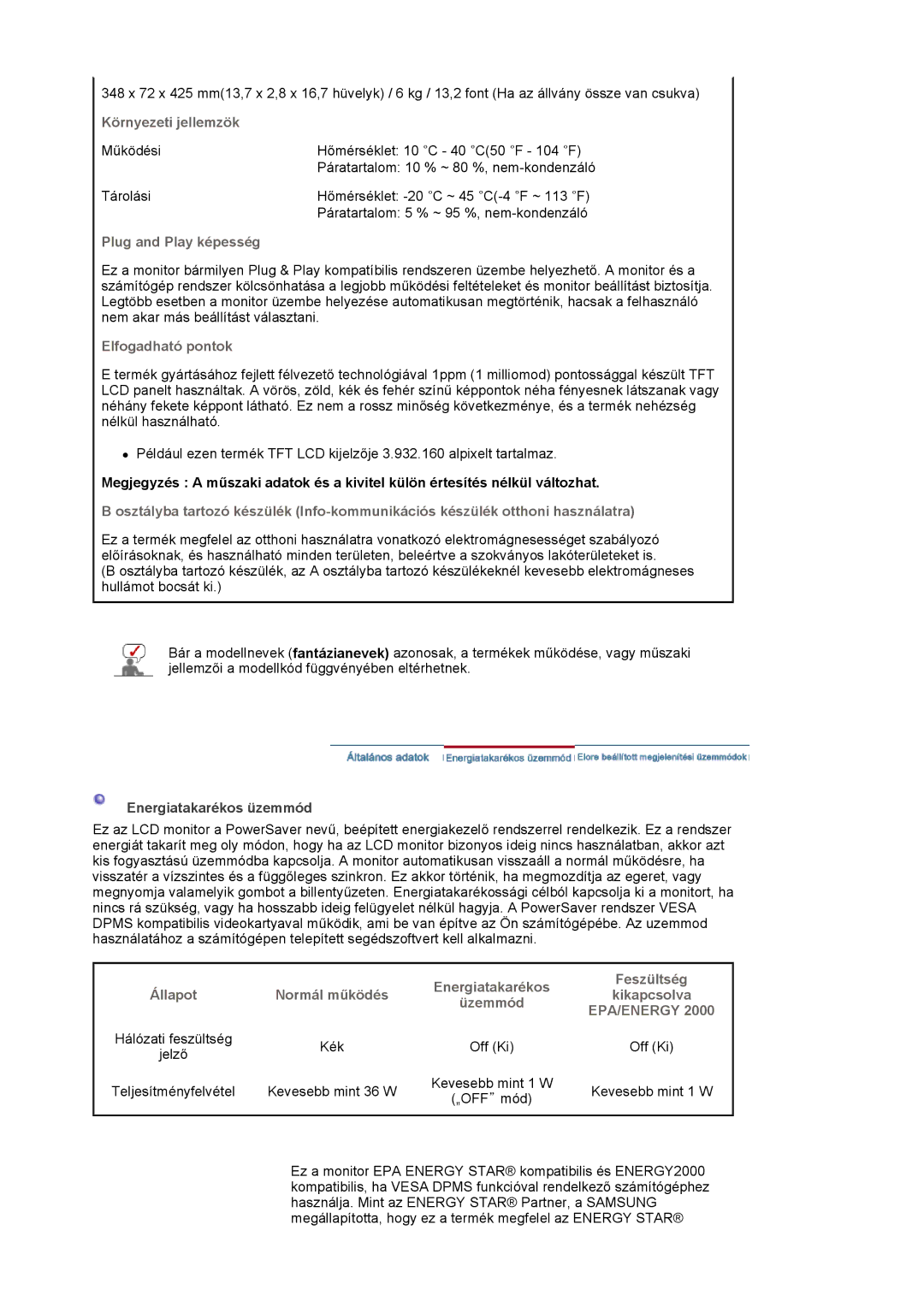 Samsung LS19MBPXFV/EDC, LS19MBXXFV/EDC manual Környezeti jellemzök, Plug and Play képesség, Elfogadható pontok, Feszültség 