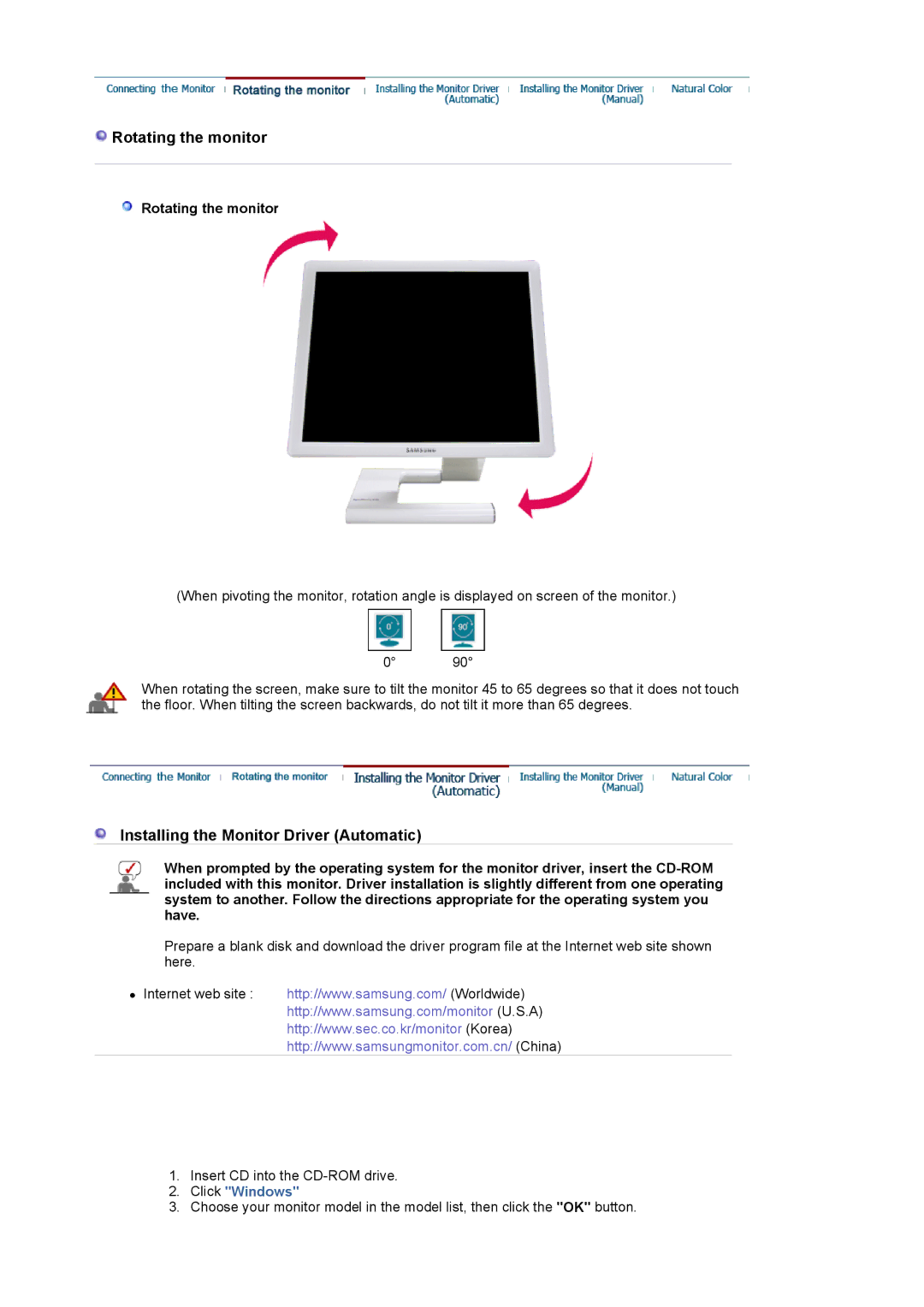 Samsung LS19MBPXHV/EDC, LS19MBPXFV/EDC, LS19MBXXFV/EDC, LS19MBXXHV/EDC, LS19MBXXX2/CI, LS19MBXXF2/CI manual Rotating the monitor 