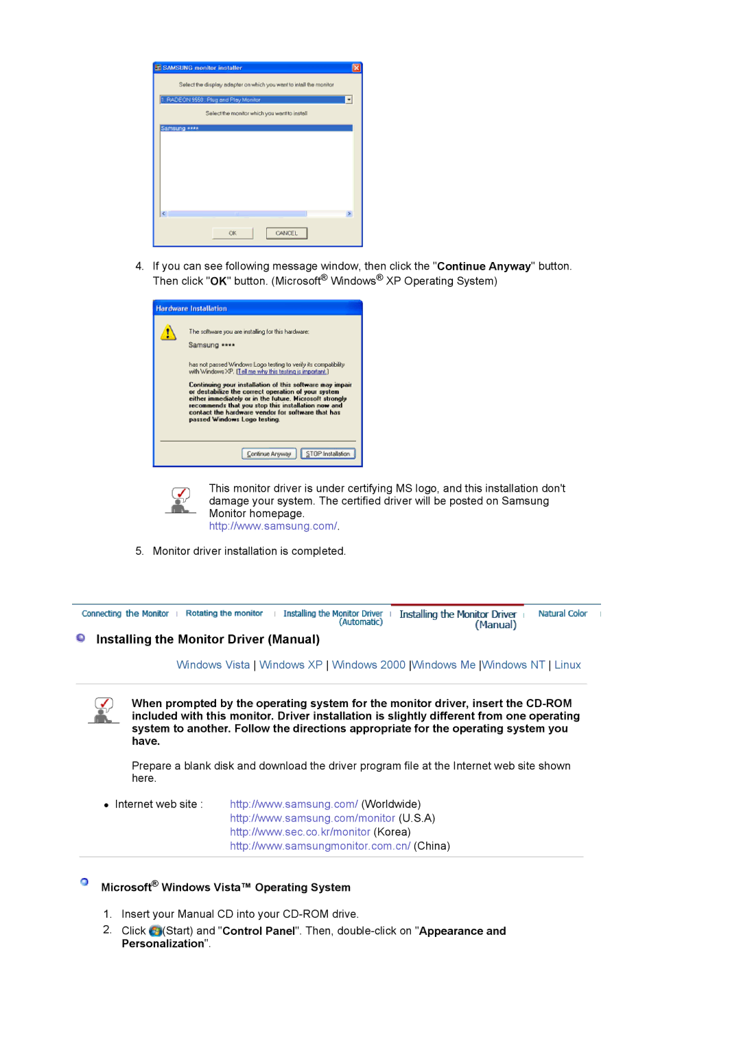 Samsung LS19MBXXHV/EDC, LS19MBPXFV/EDC manual Installing the Monitor Driver Manual, Microsoft Windows Vista Operating System 