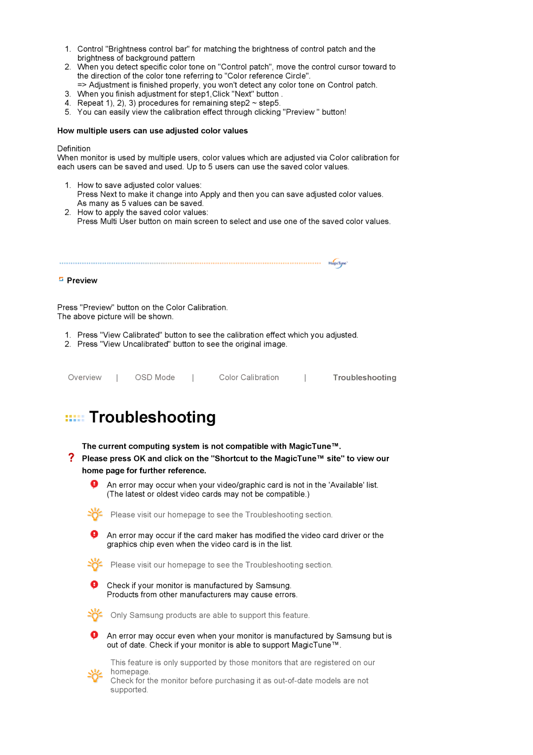 Samsung LS19MBXXXV/EDC, LS19MBPXFV/EDC manual How multiple users can use adjusted color values, Preview, Troubleshooting 