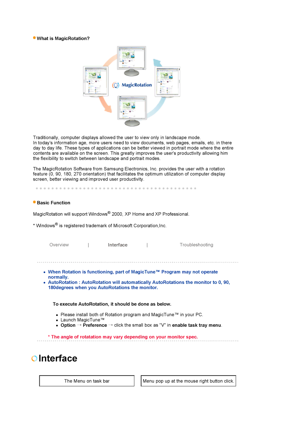 Samsung LS19MBPXHV/EDC, LS19MBPXFV/EDC, LS19MBXXFV/EDC, LS19MBXXHV/EDC What is MagicRotation?, Basic Function, Interface 