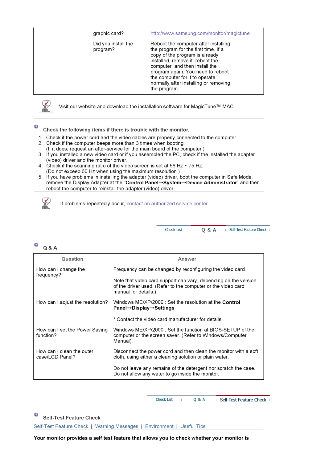 Samsung LS19MBPXHV/EDC, LS19MBPXFV/EDC, LS19MBXXFV/EDC, LS19MBXXHV/EDC manual Question, Answer, Self-Test Feature Check 