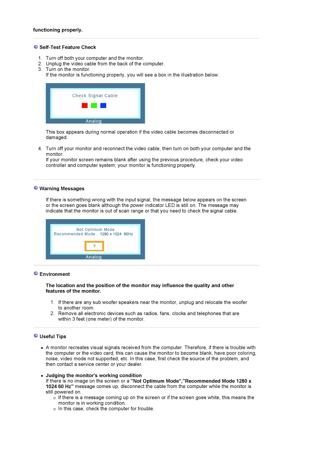 Samsung LS19MBXXHV/EDC, LS19MBPXFV/EDC, LS19MBXXFV/EDC manual Functioning properly Self-Test Feature Check, Useful Tips 