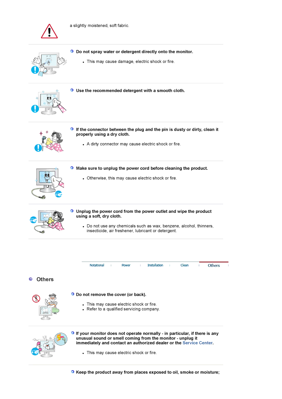 Samsung LS19MBXXXV/EDC manual Do not spray water or detergent directly onto the monitor, Do not remove the cover or back 