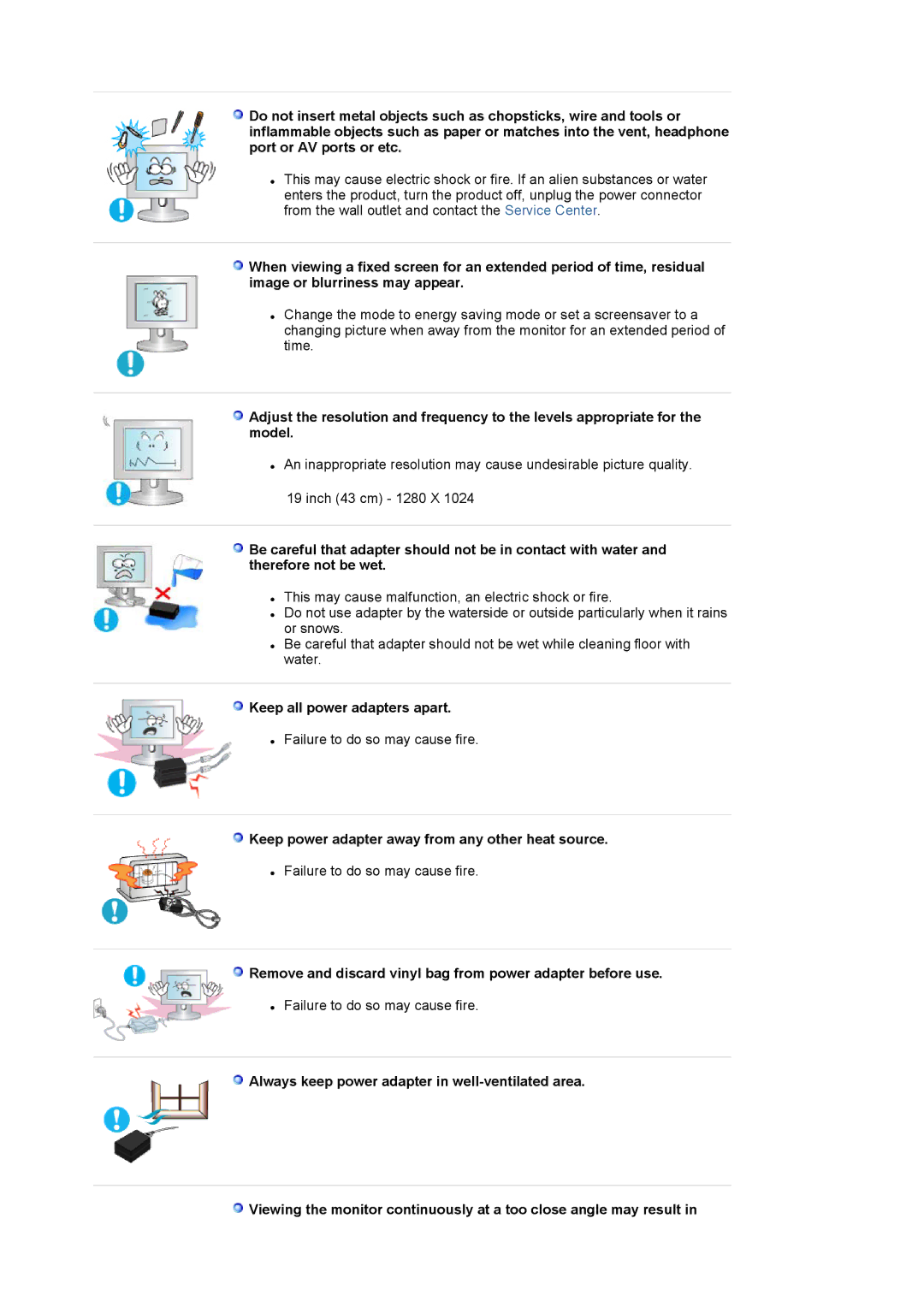 Samsung LS19MBXXFV/EDC, LS19MBPXFV/EDC Keep all power adapters apart, Keep power adapter away from any other heat source 