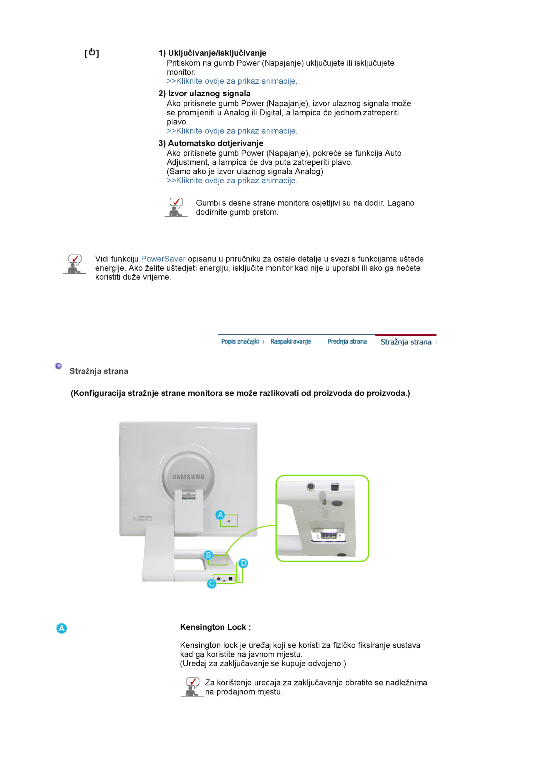 Samsung LS19MBXXFV/EDC manual Uključivanje/isključivanje, Izvor ulaznog signala, Automatsko dotjerivanje, Stražnja strana 