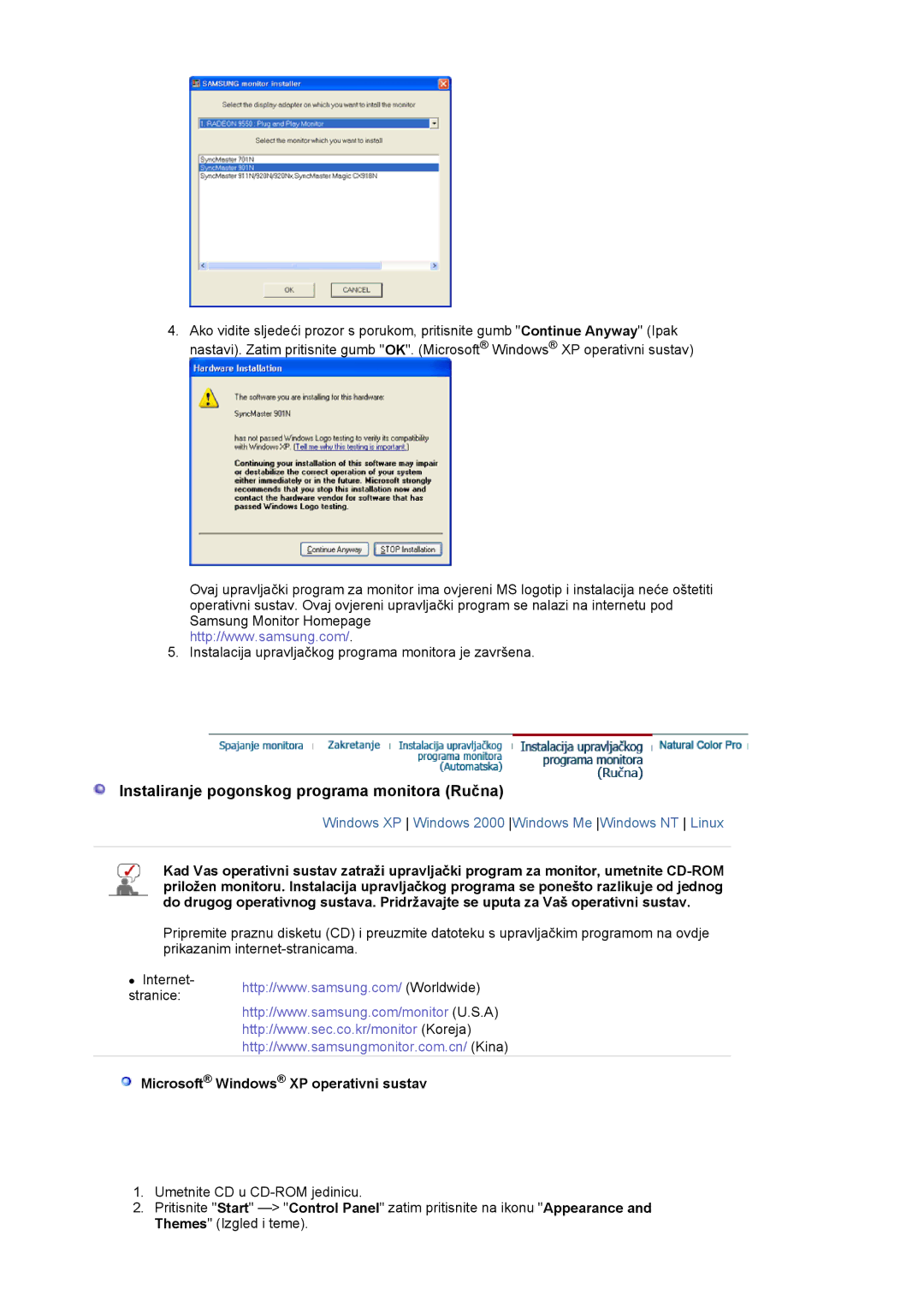 Samsung LS19MBXXFV/EDC manual Instaliranje pogonskog programa monitora Ručna, Microsoft Windows XP operativni sustav 