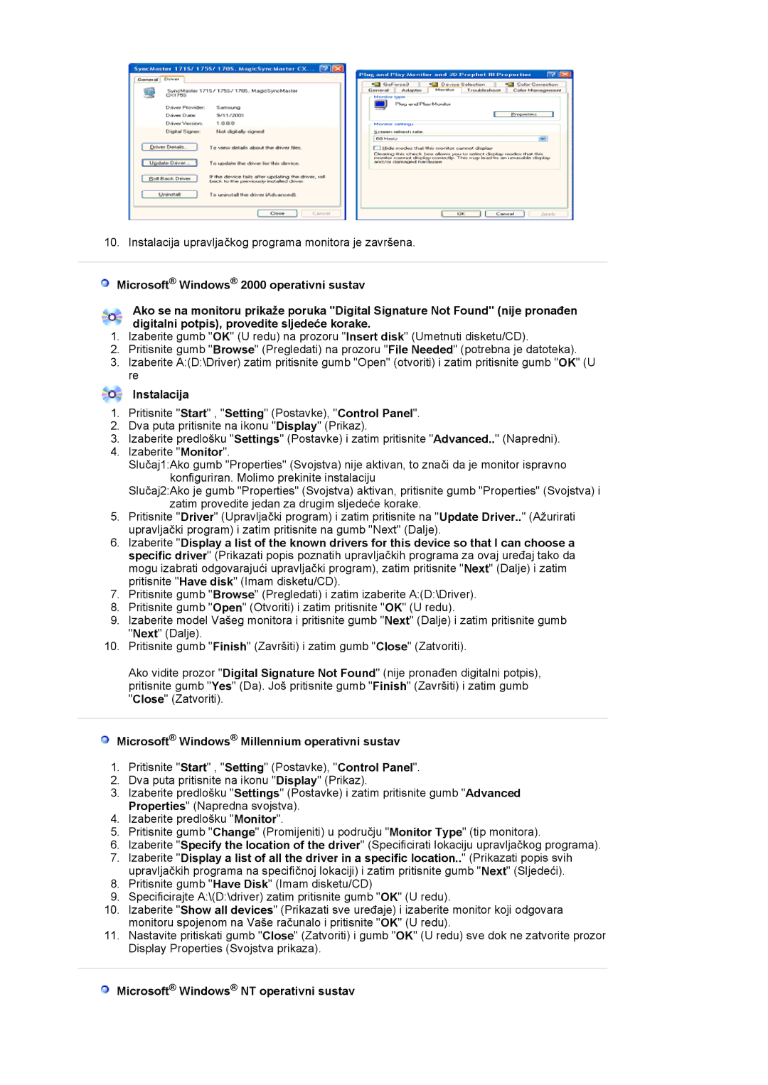 Samsung LS19MBPXFV/EDC Instalacija, Microsoft Windows Millennium operativni sustav, Microsoft Windows NT operativni sustav 