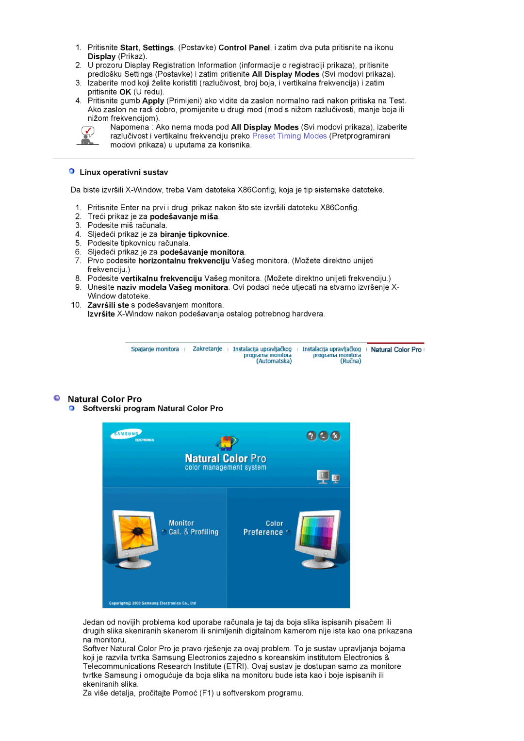 Samsung LS19MBXXFV/EDC, LS19MBPXFV/EDC, LS19MBPXHV/EDC manual Linux operativni sustav, Softverski program Natural Color Pro 