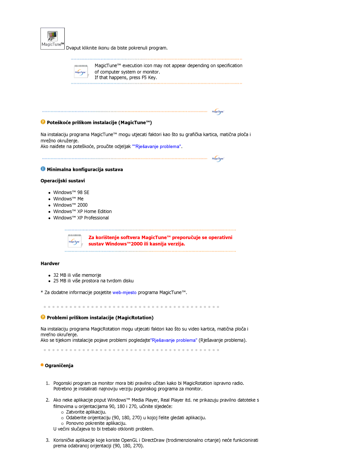 Samsung LS19MBPXHV/EDC manual Poteškoće prilikom instalacije MagicTune, Minimalna konfiguracija sustava Operacijski sustavi 