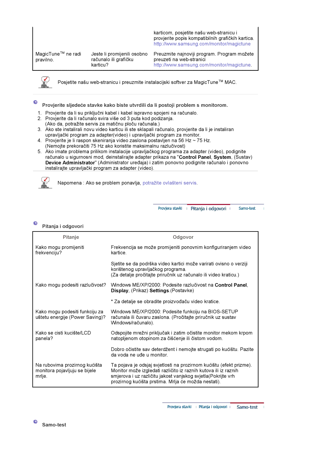 Samsung LS19MBPXFV/EDC, LS19MBXXFV/EDC, LS19MBPXHV/EDC, LS19MBXXHV/EDC manual Pitanja i odgovori, Pitanje, Odgovor, Samo-test 