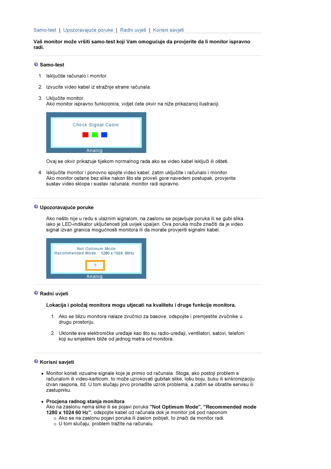 Samsung LS19MBXXFV/EDC, LS19MBPXFV/EDC manual Upozoravajuće poruke, Korisni savjeti, Procjena radnog stanja monitora 