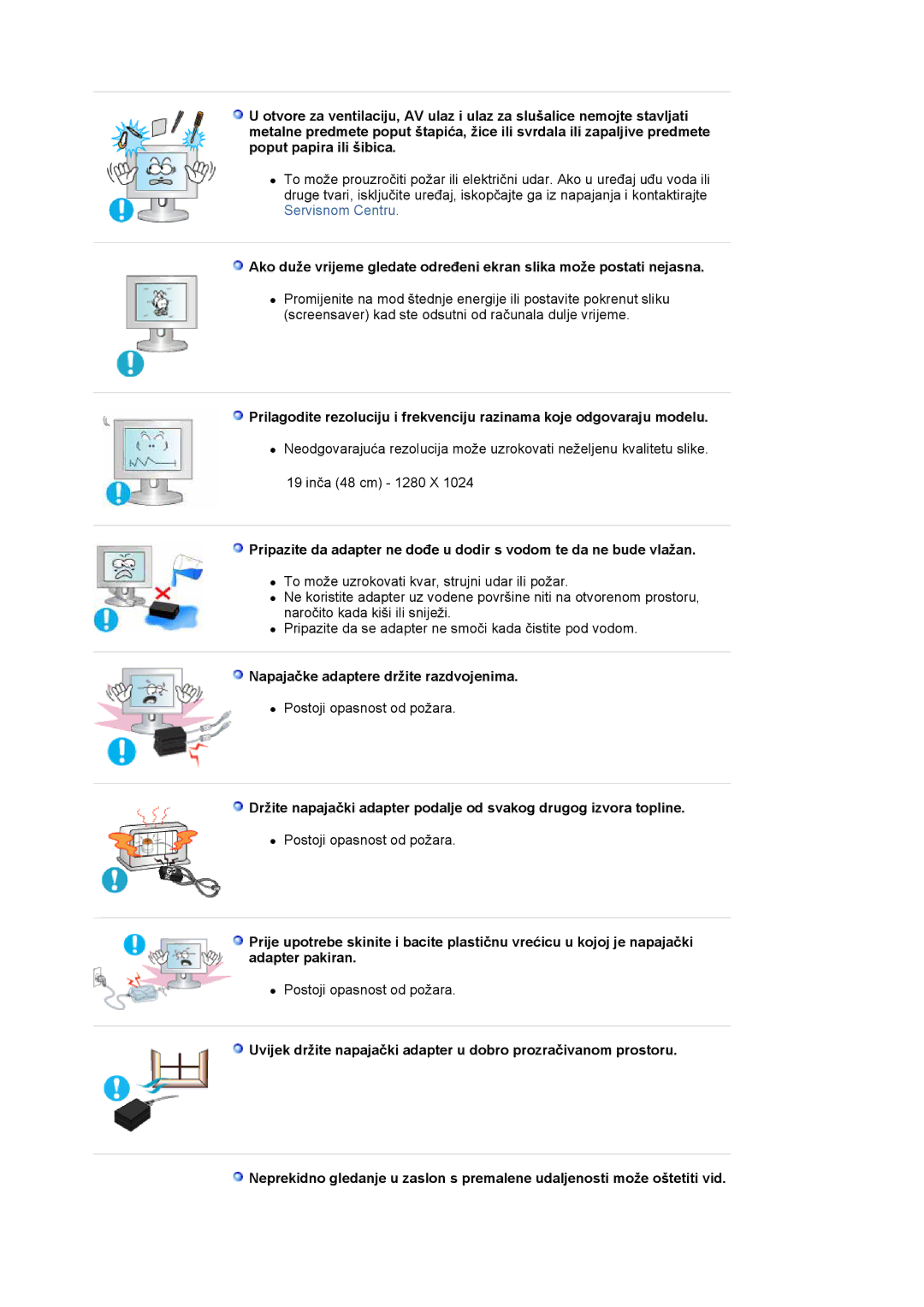 Samsung LS19MBPXFV/EDC, LS19MBXXFV/EDC, LS19MBPXHV/EDC, LS19MBXXHV/EDC manual Napajačke adaptere držite razdvojenima 