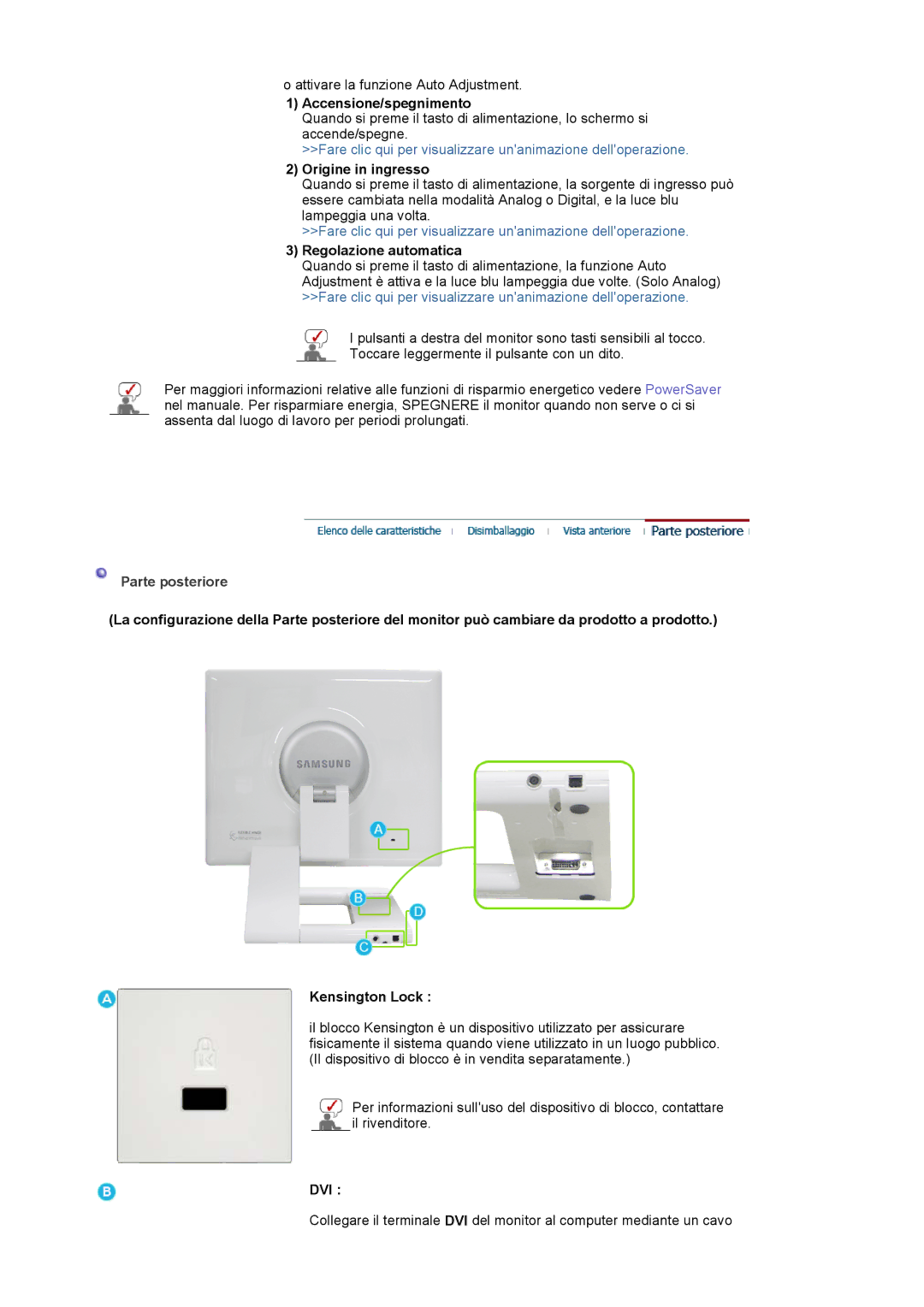 Samsung LS19MBPXHV/EDC manual Accensione/spegnimento, Origine in ingresso, Regolazione automatica, Parte posteriore 