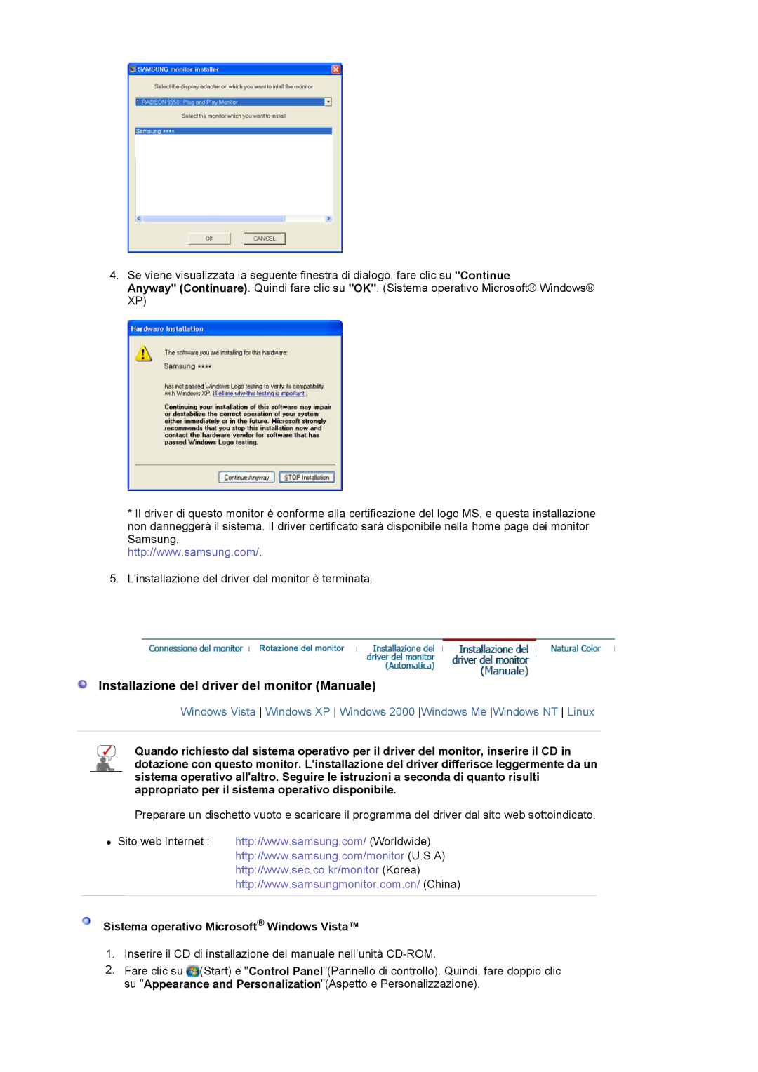 Samsung LS19MBXXHV/EDC manual Installazione del driver del monitor Manuale, Sistema operativo Microsoft Windows Vista 