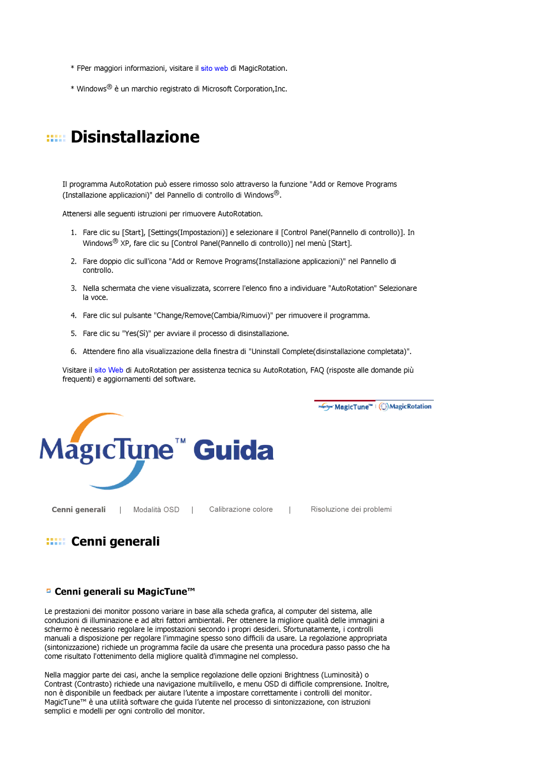 Samsung LS19MBXXFV/EDC, LS19MBPXHV/EDC, LS19MBXXHV/EDC manual Disinstallazione, Cenni generali su MagicTune 