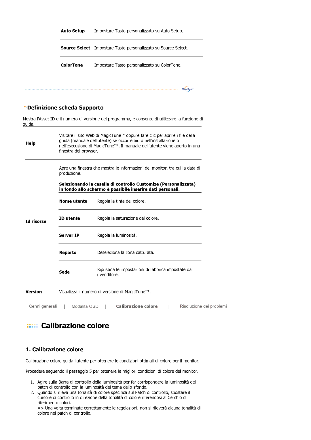 Samsung LS19MBXXFV/EDC, LS19MBPXHV/EDC, LS19MBXXHV/EDC manual Definizione scheda Supporto, Calibrazione colore 