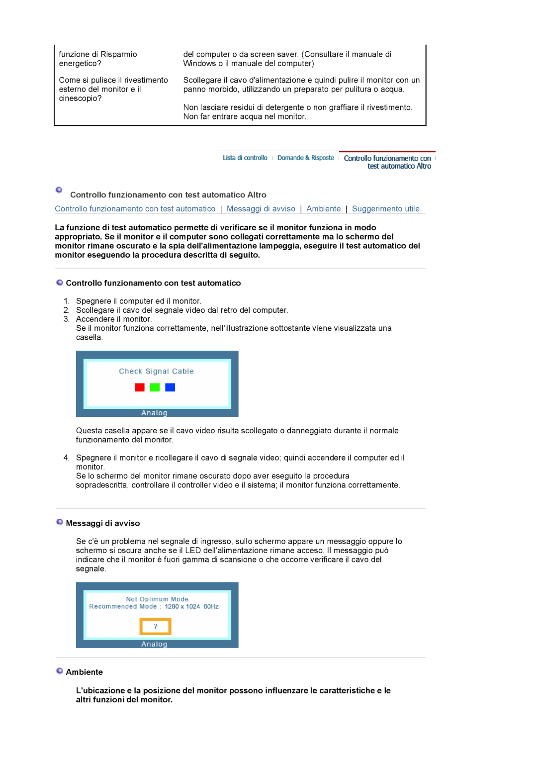 Samsung LS19MBXXFV/EDC, LS19MBPXHV/EDC manual Controllo funzionamento con test automatico Altro, Messaggi di avviso 