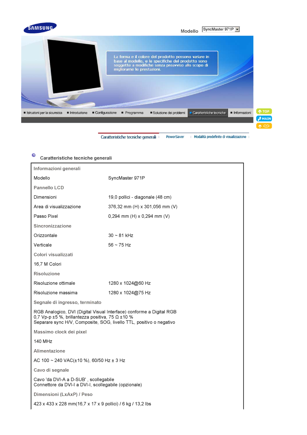 Samsung LS19MBXXHV/EDC manual Informazioni generali, Pannello LCD, Sincronizzazione, Colori visualizzati, Risoluzione 