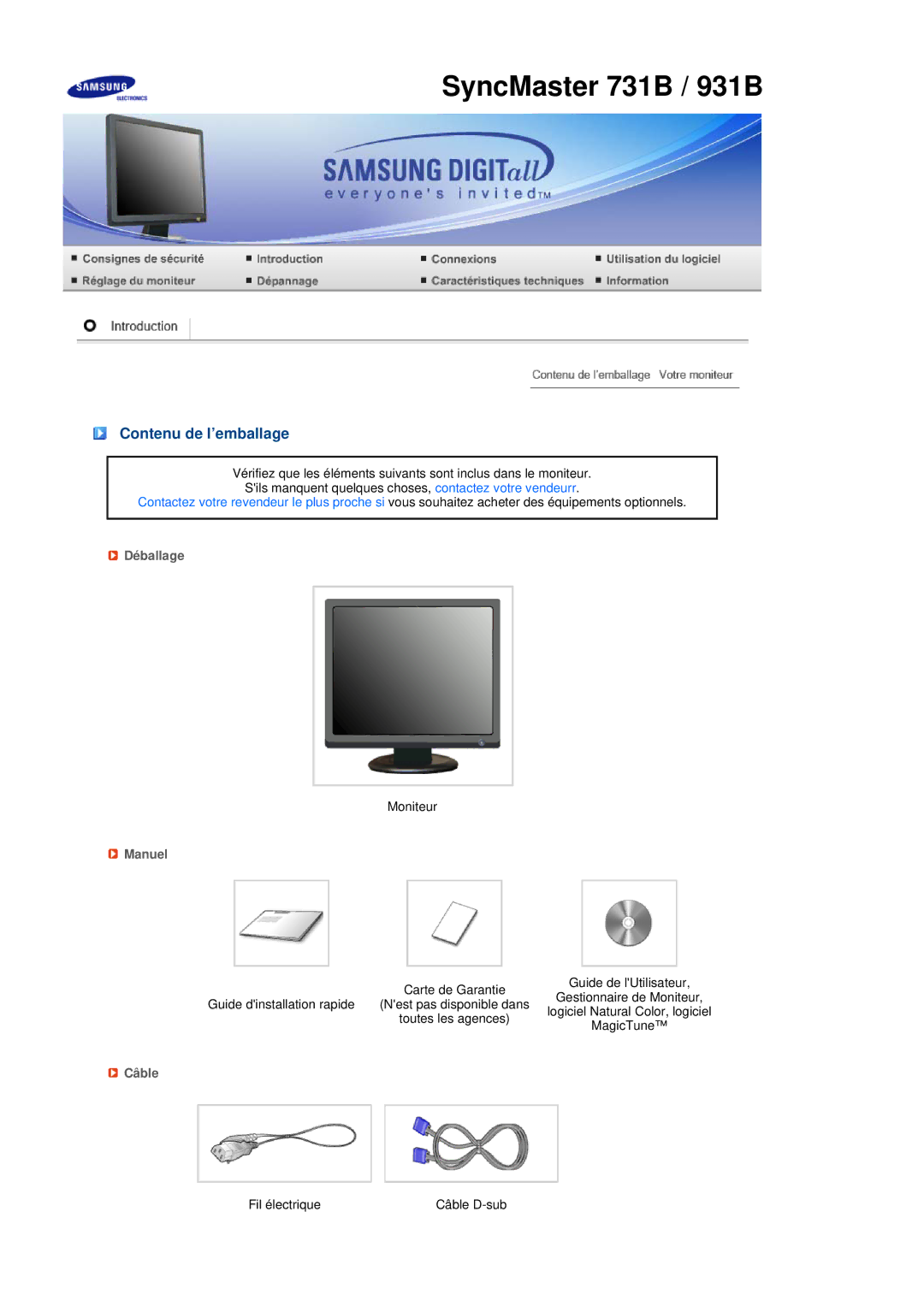 Samsung LS17MEDSBQ/EDC, LS19MEDSBQ/EDC manual Contenu de l’emballage, Déballage, Manuel, Câble 