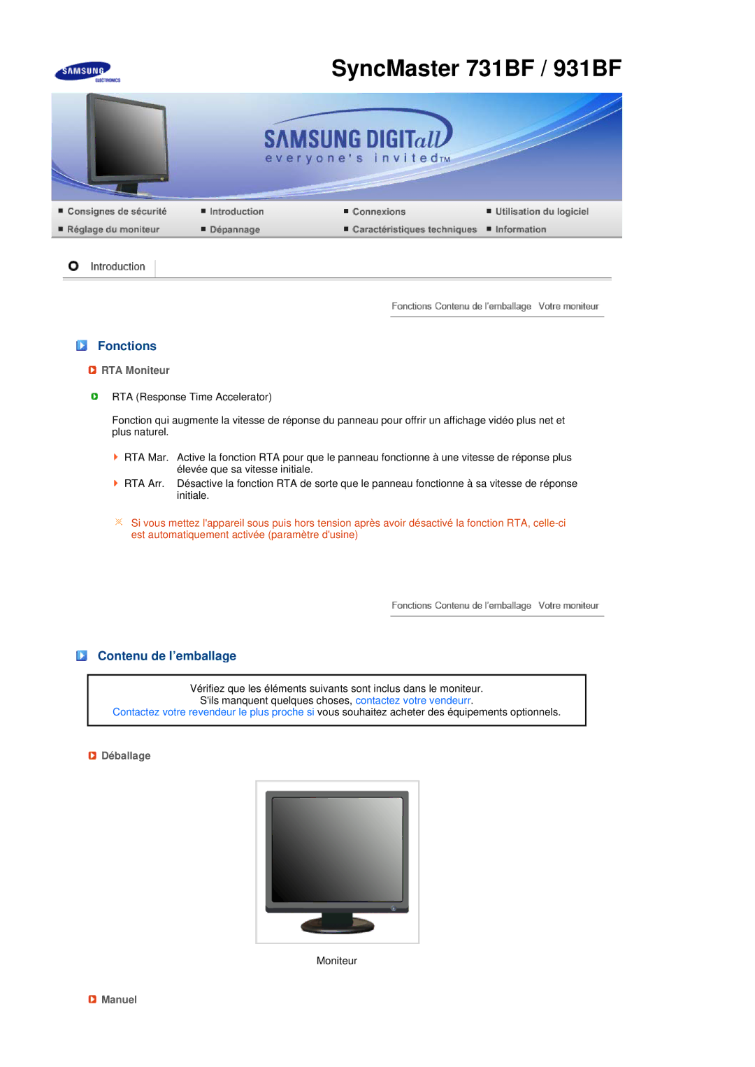 Samsung LS17MEDSBQ/EDC, LS19MEDSBQ/EDC manual Fonctions, RTA Moniteur 