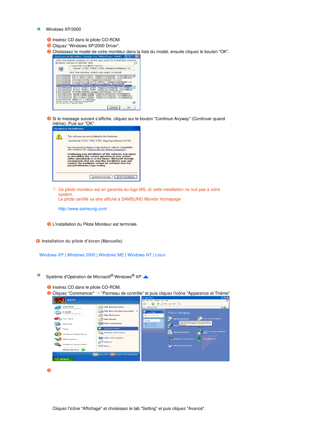 Samsung LS19MEDSBQ/EDC manual Installation du pilote d’écran Manuelle, Windows XP Windows 2000 Windows ME Windows NT Linux 