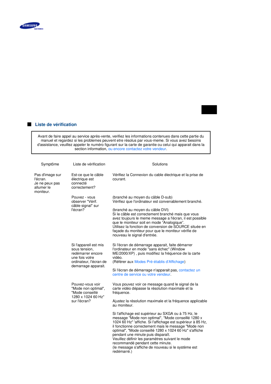 Samsung LS19MEDSBQ/EDC, LS17MEDSBQ/EDC manual Liste de vérification, Centre de service ou votre vendeur 