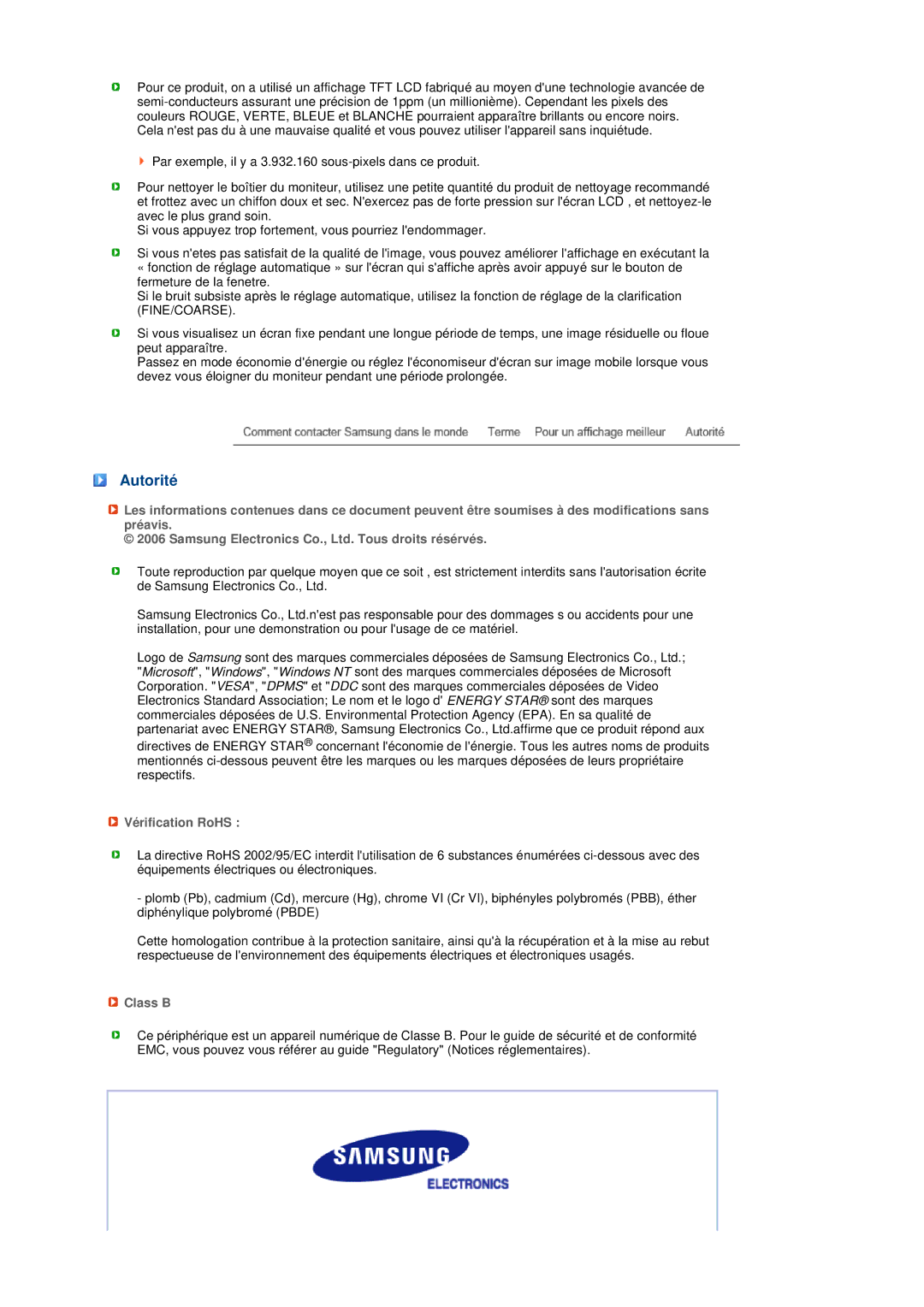 Samsung LS17MEDSBQ/EDC, LS19MEDSBQ/EDC manual Autorité, Vérification RoHS, Class B 