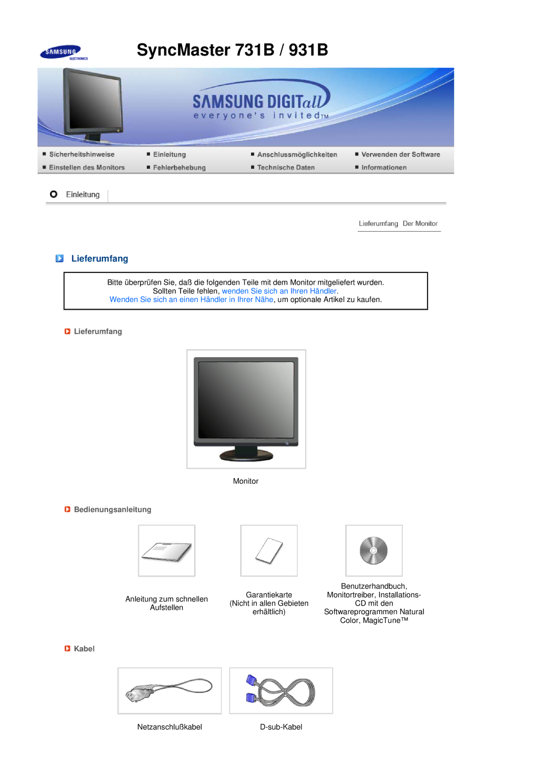 Samsung LS17MEDSBQ/EDC, LS19MEDSBQ/EDC manual Lieferumfang, Bedienungsanleitung, Kabel 