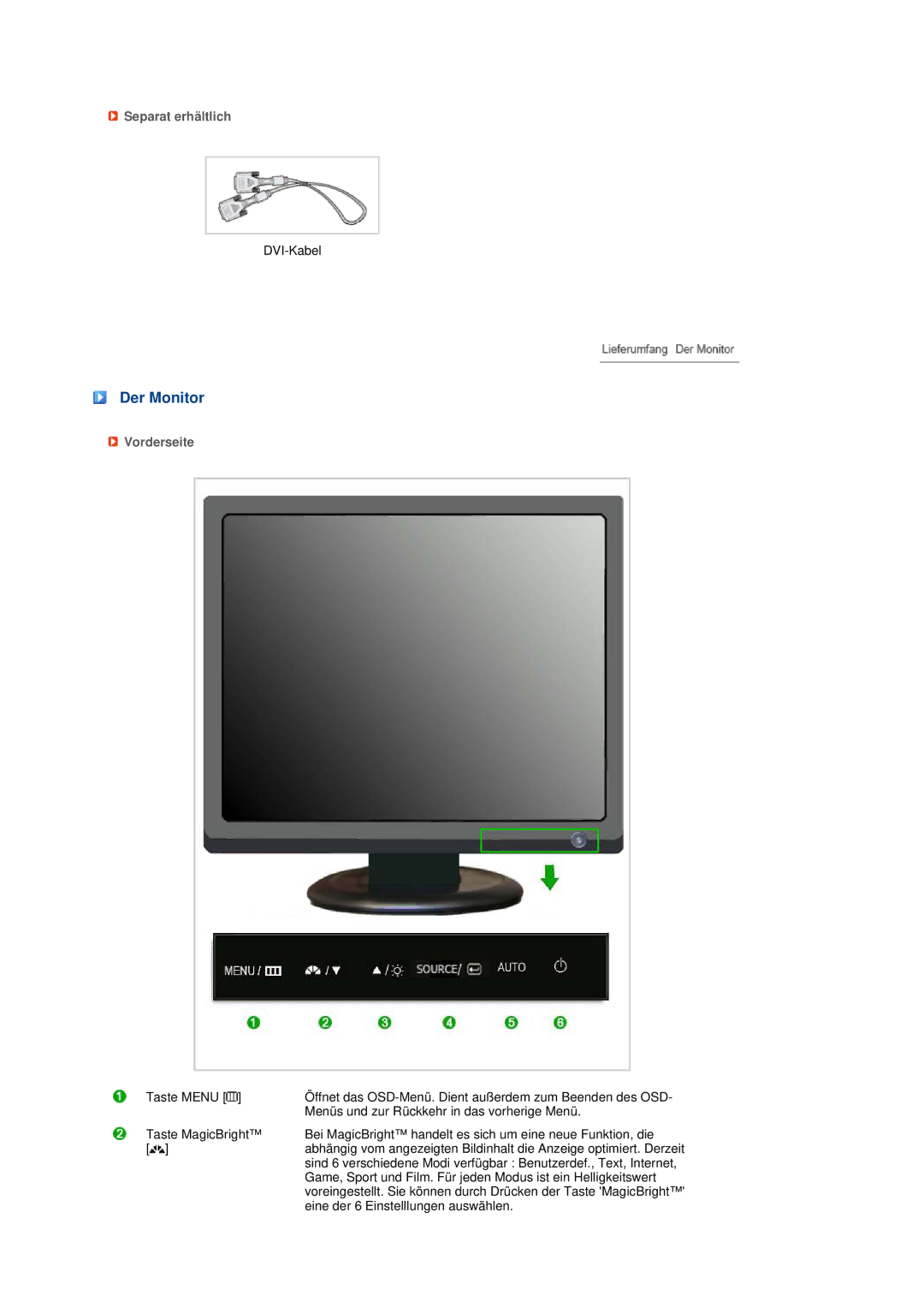 Samsung LS19MEDSBQ/EDC, LS17MEDSBQ/EDC manual Der Monitor, Separat erhältlich, Vorderseite 