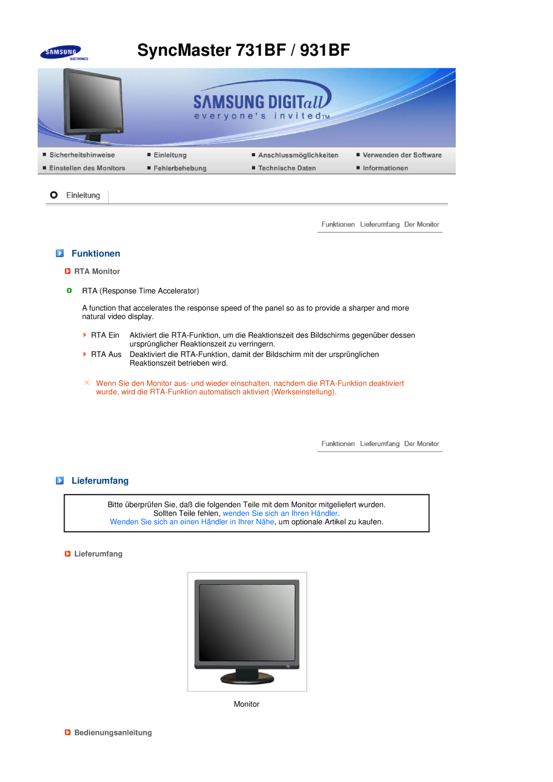 Samsung LS17MEDSBQ/EDC, LS19MEDSBQ/EDC manual Funktionen, RTA Monitor 