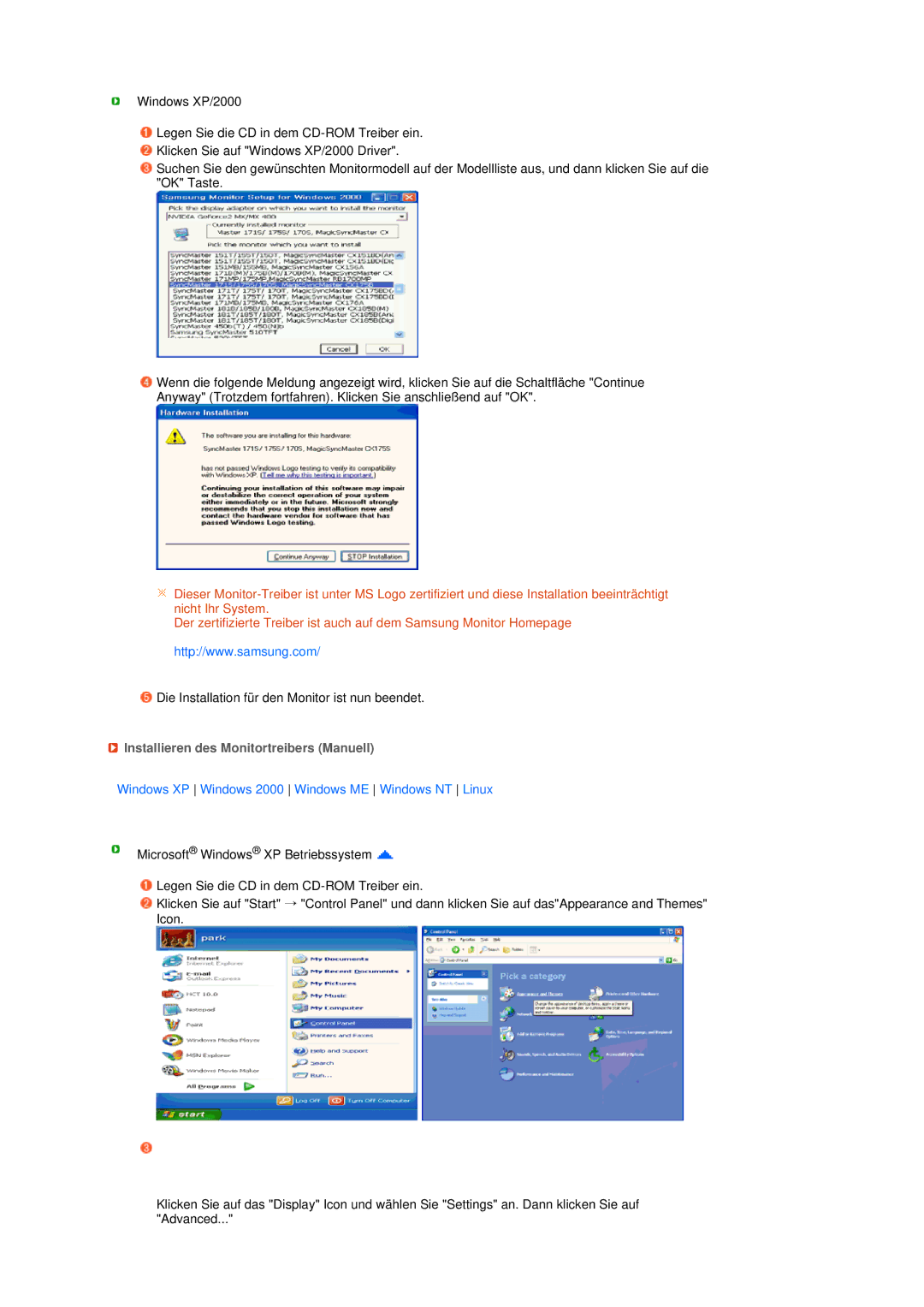 Samsung LS19MEDSBQ/EDC manual Installieren des Monitortreibers Manuell, Windows XP Windows 2000 Windows ME Windows NT Linux 