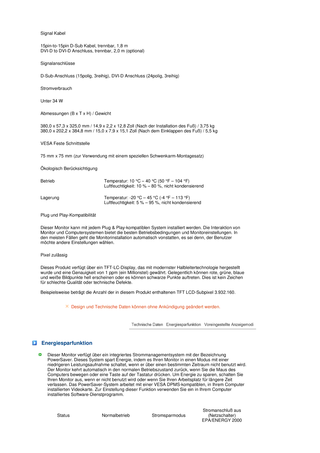 Samsung LS19MEDSBQ/EDC, LS17MEDSBQ/EDC manual Energiesparfunktion 