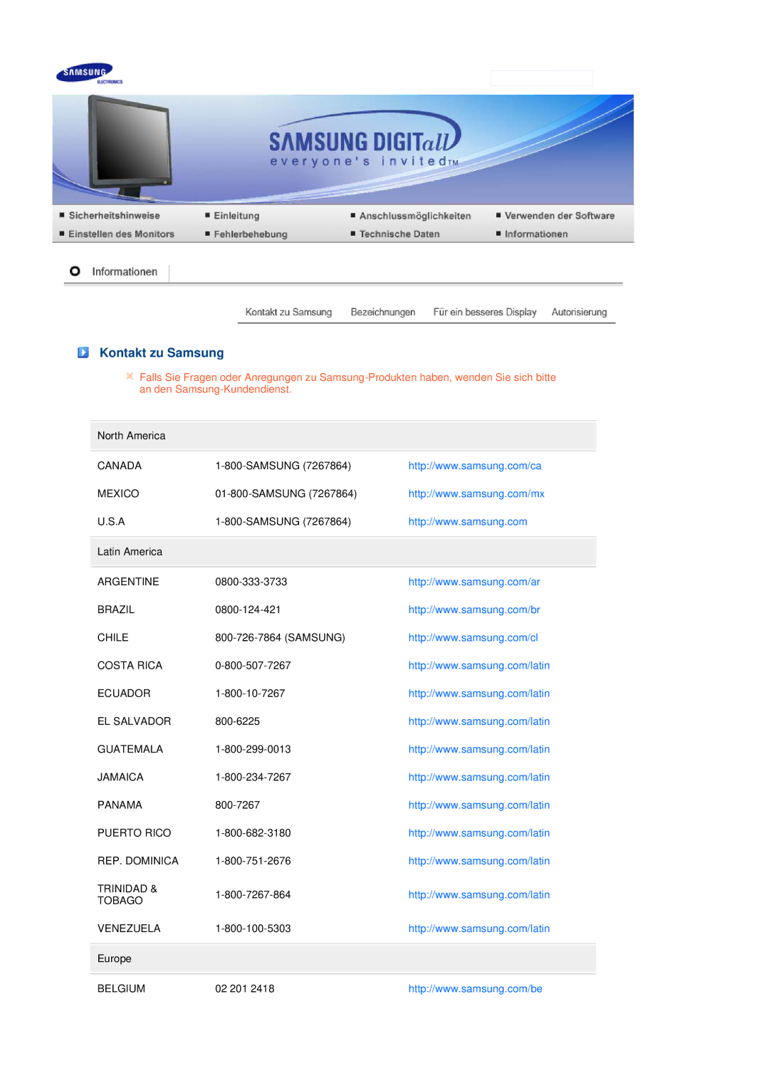 Samsung LS17MEDSBQ/EDC, LS19MEDSBQ/EDC manual Kontakt zu Samsung 