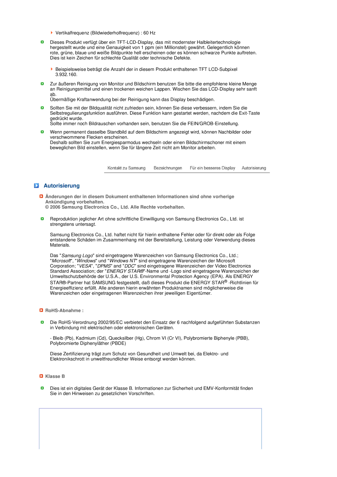 Samsung LS19MEDSBQ/EDC, LS17MEDSBQ/EDC manual Autorisierung, RoHS-Abnahme, Klasse B 