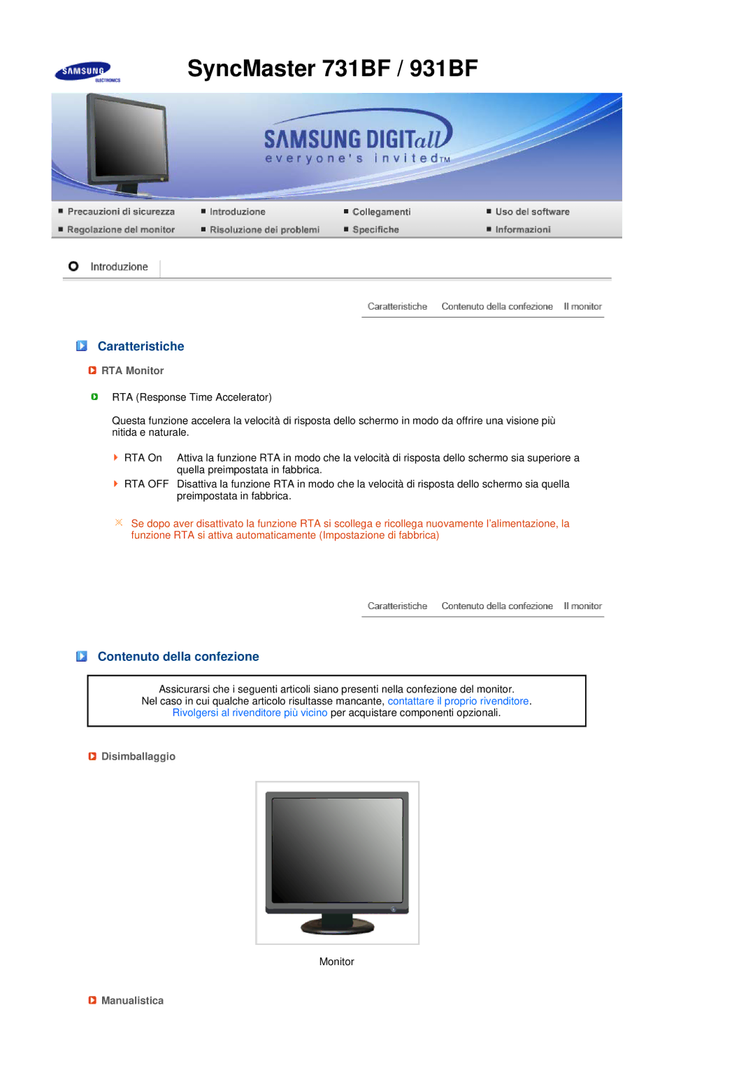 Samsung LS17MEDSBQ/EDC, LS19MEDSBQ/EDC manual Caratteristiche, RTA Monitor 