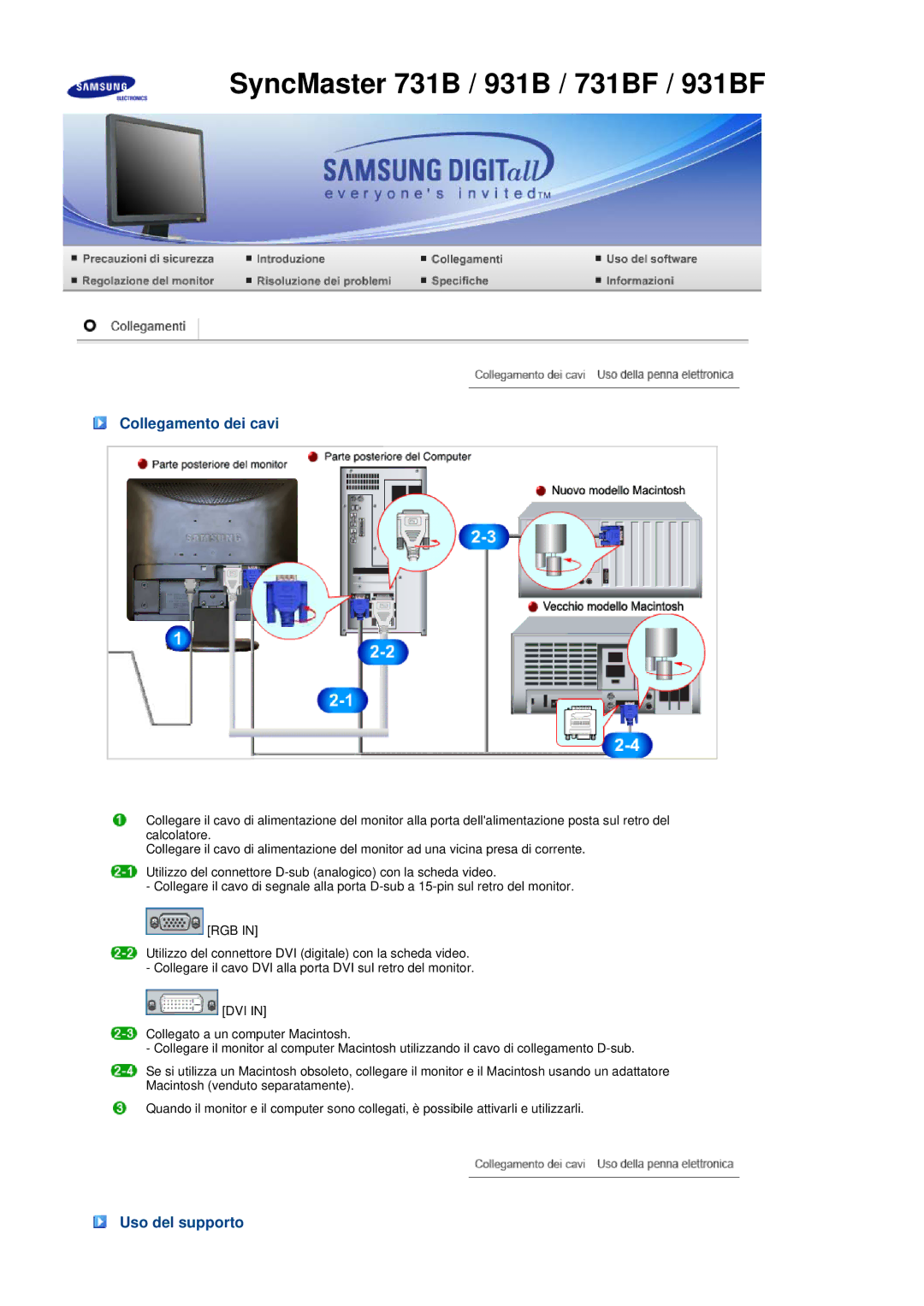 Samsung LS17MEDSBQ/EDC, LS19MEDSBQ/EDC manual Collegamento dei cavi, Uso del supporto 