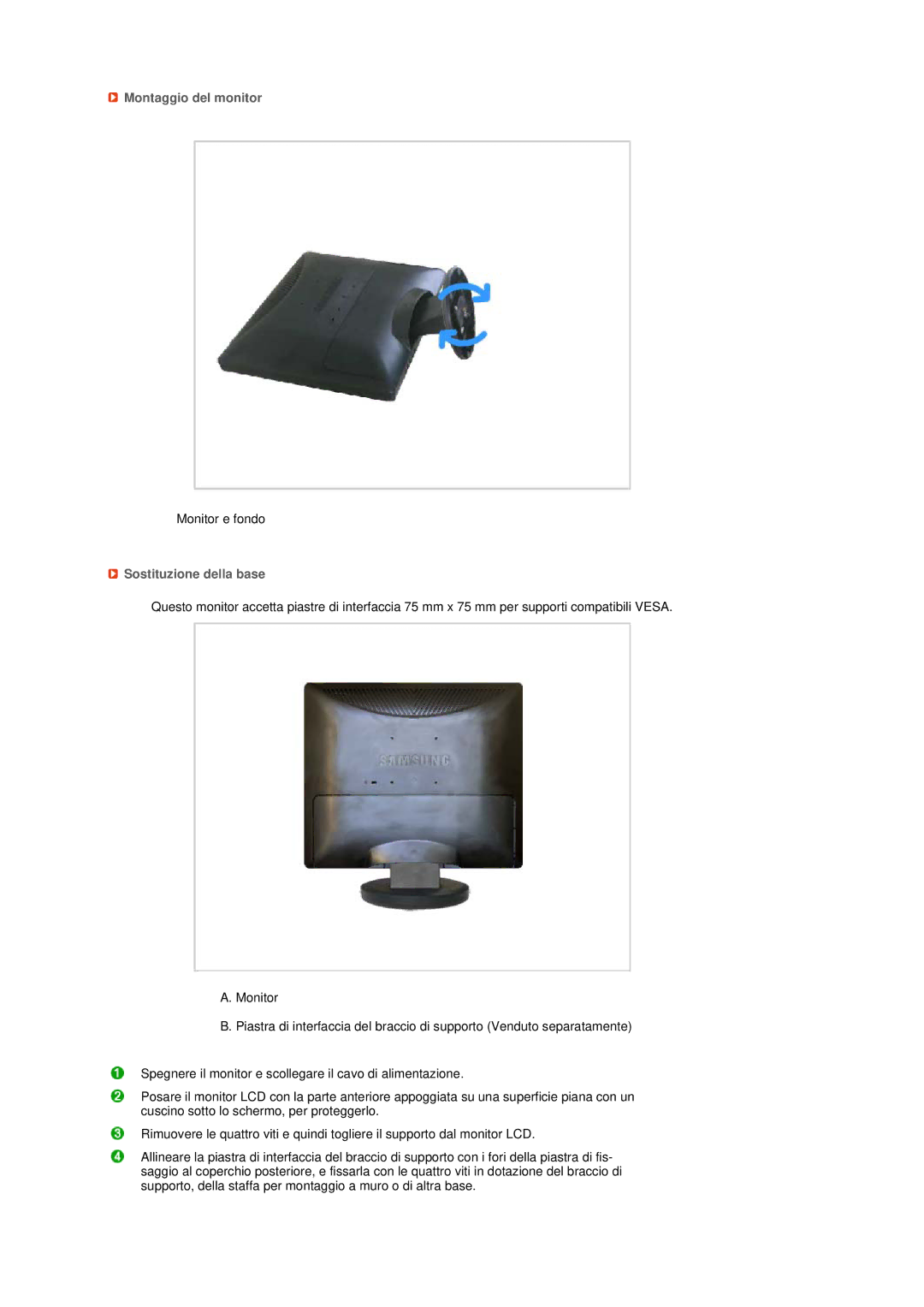 Samsung LS19MEDSBQ/EDC, LS17MEDSBQ/EDC manual Montaggio del monitor, Sostituzione della base 